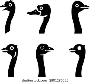 ostrich head icon set, Bird Graphics, Wildlife Vector, logo with spiky feathers and a fierce expression close-up of bird with textured feathers and large eye animal portrait silhouettes designs ,