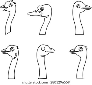 ostrich head icon set, Bird Graphics, Wildlife Vector, logo with spiky feathers and a fierce expression close-up of bird with textured feathers and large eye animal portrait silhouettes designs ,