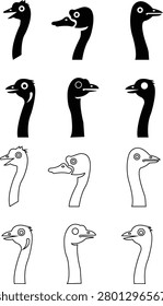ostrich head icon set, Bird Graphics, Wildlife Vector, logo with spiky feathers and a fierce expression close-up of bird with textured feathers and large eye animal portrait silhouettes designs ,