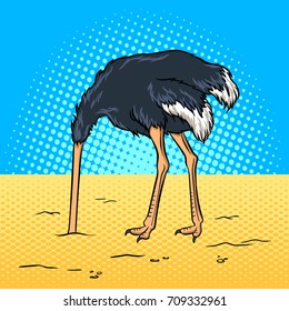Ostrich hide head in sand pop art retro vector illustration. Avoiding problems metaphor. Comic book style imitation.