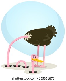 Ostrich Hiding And Looking From Hole/ Illustration of a funny cartoon ostrich burying head into the ground and rising little further smiling and happy, symbolizing trust, healing and health recovery