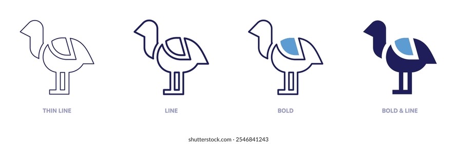 Ícone de avestruz em 4 estilos diferentes. Linha fina, Linha, Negrito e Linha Negrito. Estilo duotônico. Traçado editável.