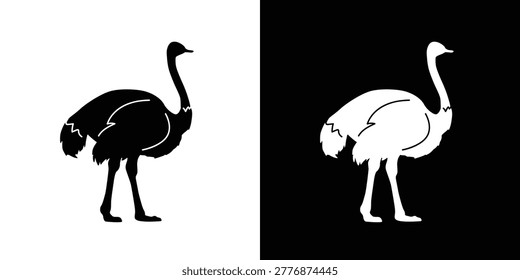 Ostrich icon vector, ostrich silhouette, black and white silhouette, flat solid logo, bird symbol, isolated, invert color design, avian