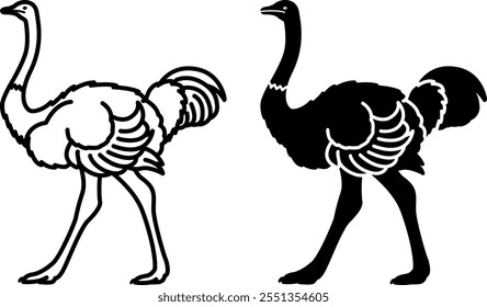 Ostrich Icons. Black and White Vector Illustration. Bird. Agriculture, Farming. For Coloring Book Design. Domestic Animals Concept