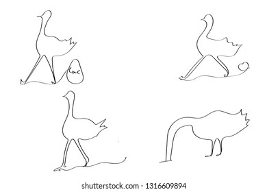 Ostrich Image Continuous Line Vector Set. Camel-Bird One Line Style Design. Cartoon Camel Animal Doodle Picture