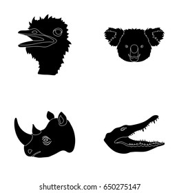 Ostrich, koala, rhinoceros, crocodile, realistic animals set collection icons in black style vector symbol stock illustration web.