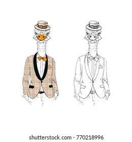ostrich man dressed up in retro American style, anthropomorphic animal illustration