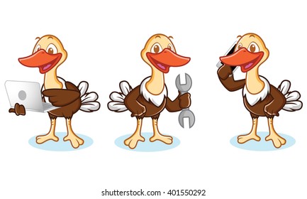 Ostrich Mascot Vector with phone, laptop, and tools