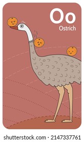 Ostrich O letter. A-Z Alphabet collection with cute cartoon animals in 2D. Ostrich standing and looking aside. Brown ostrich serves a slide for oranges. Hand-drawn funny simple style.