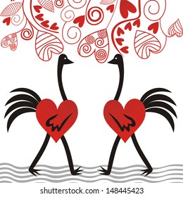 Ostrich pair heart love vector illustration