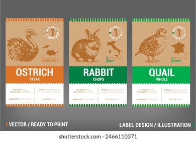 Ostrich, Rabbit and Quail Farm Meat Packaging Label vector design set. Including hand drawn rustic vintage illustration on craft paper pack. Badge with nutrition, county of produce, storage