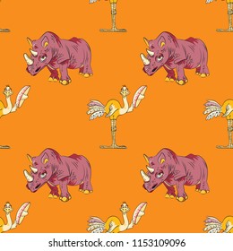ostrich and rhinoceros seamless pattern