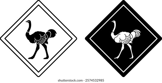 Ostrich Road Signs. Black and White Vector Icons. Bird. Road Sign Warning Animals Crossing Road. Zoo Sticker