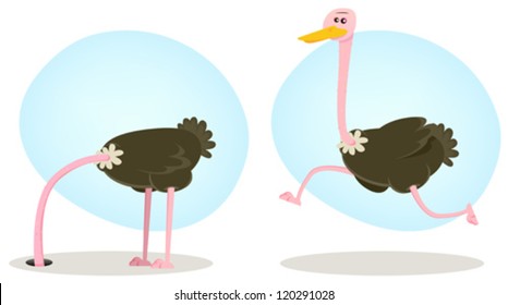 Ostrich Running And Hiding From World/ Illustration of a funny cartoon ostrich bird character from african savannah, burying head into the ground