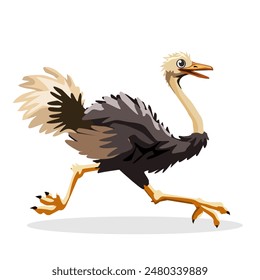An ostrich running with a smiling face.Vector illustration isolated on white.Cute design for t shirt print, icon, logo, label, patch or sticker.