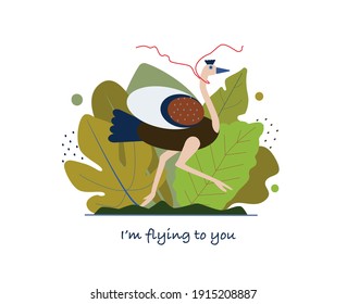 Ostrich running vector illustration . Humor text message I am flying to you 