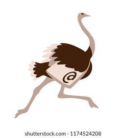 ostrich runs with the bag on the neck. Fast delivery. Mail client. Email protection, security.  Email Cartoon vector set