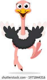 Ostrich runs and smiles on a white background. The character