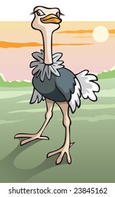 Ostrich in savanna, flightless fastest bird, cartoon vector illustration