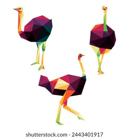 Ostrich Set in Colorful Polygonal low poly. Collection of Ostrich in Colorful abstract Vector. Collection of Ostrich Colorful Logo