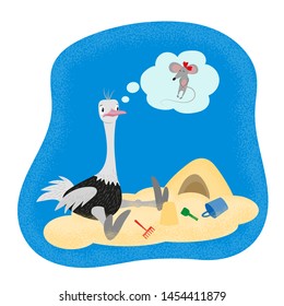 An ostrich sits in a sandbox and dreams of a mouse.Cartoon vector children illustration in flat style with texture.