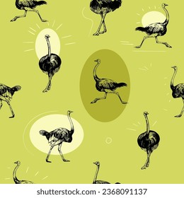 Ostrich sketch illustration. Seamless pattern design. Vector black outline