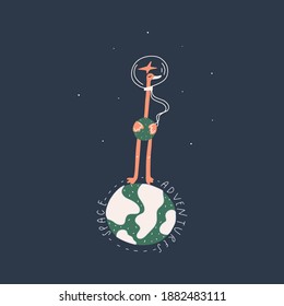 Ostrich in spacesuit standing over the planet and handwritten text : space adventures. Vector illustration