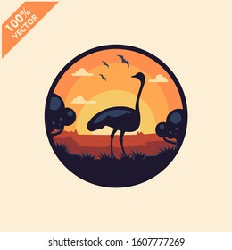 Ostrich with sunset background safari zoo logo vector