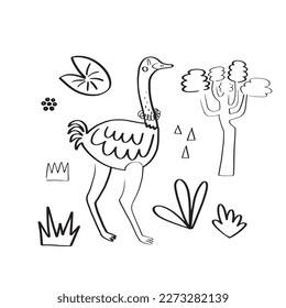 Ostrich surrounded by tropical plants. Vector illustration of a cute safari animal isolated on white background for your design.