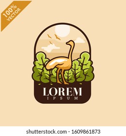 Ostrich with tree and sky background safari zoo logo vector
