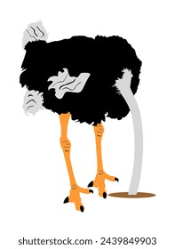 Ostrich vector illustration isolated on white background. Cartoon character. Big bird from Africa. Ostrich with hand in sand. Stressful situation. Bad economy, worst case scenario, disappointment bird