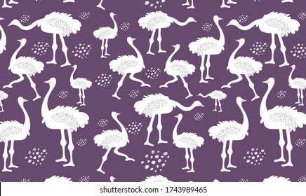 Ostrich white silhouette pattern in cartoon style. Flat vector illustration of African exotic animal  