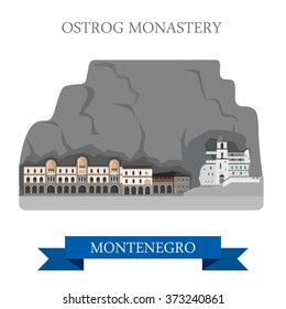 Ostrog Monastery in Montenegro. Flat cartoon style historic sight showplace attraction web site vector illustration. World countries cities vacation travel sightseeing collection.
