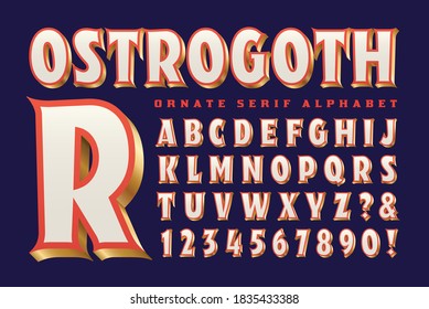 Ostrogoth ornate alphabet, a vintage style red and white font with golden edges.