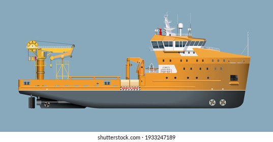 OSV-Offshore support vessel marine ship equiped with hydraulic telescopic knuckle boom crane,rescue boat.new model offsore vessel in yellow-orange color vector design.