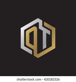 OT initial letters looping linked hexagon elegant logo golden silver black background