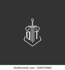 Diseño del logotipo de la firma inicial de leyes de monograma con espada y pilar