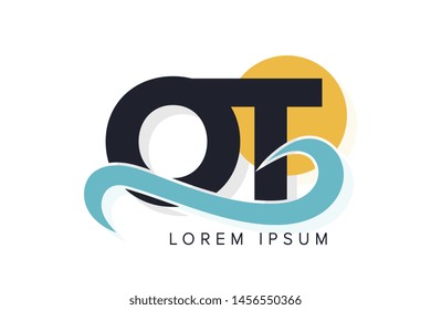 OT letter logo with ocean waves and sunset. Beach concept design