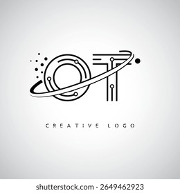 Logotipo de Monograma de Órbita OT - Marca de Letra Mínima Futurista com Linha de Arte Circular, Pontos Inspirados na Tecnologia e Conceito de Movimento Espacial para Identidade de Marca Moderna