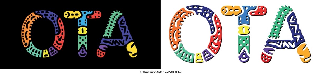 OTA Hashtag. Multicolored bright isolate curves doodle letters. OTA is place in Japan. Set for social network, web resources, print, booklet, banner, flyer.