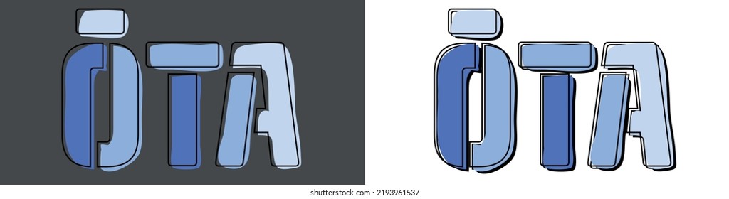 Ota. Isolate curves doodle letters. Blue colors. Ota is place in Japan. Set 2 in 1 for print, booklet, banner, social network, web resources, mobile app. Stock vector