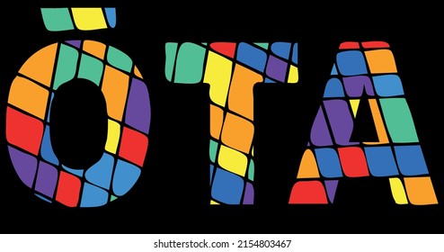 Ota. Tricolor isolated letters from contrast flowing fluid shapes, Rainbow color. Ota is place in Japan. Text for print, booklet, banner, social network, web resources, mobile app. Stock vector