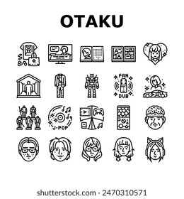 otaku anime manga eyes icons set vector. japanese, japan piece, one boy, asian concert, shirt cosplay, cheering cat, samurai otaku anime manga eyes black contour illustrations