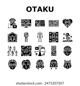 otaku anime manga eyes icons set vector. japanese, japan piece, one boy, asian concert, shirt cosplay, cheering cat, samurai otaku anime manga eyes glyph pictogram Illustrations