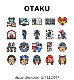 otaku anime manga eyes icons set vector. japanese, japan piece, one boy, asian concert, shirt cosplay, cheering cat, samurai otaku anime manga eyes color line illustrations