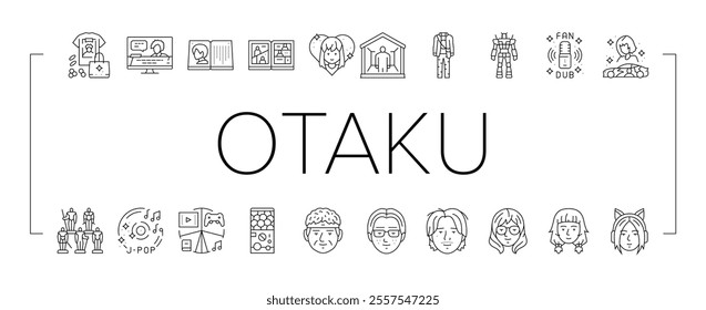 otaku anime manga eyes icons set vector. japanese, japan piece, one boy, asian concert, shirt cosplay, cheering cat, samurai otaku anime manga eyes black contour illustrations