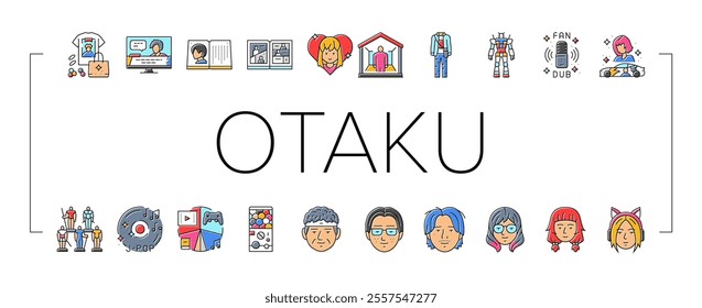 otaku anime manga eyes icons set vector. japanese, japan piece, one boy, asian concert, shirt cosplay, cheering cat, samurai otaku anime manga eyes color line illustrations