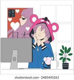 otaku - Female idol fan cheering. A woman in love using a laptop computer. 2561