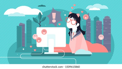 Otaku vector illustration. Flat tiny anime, emoji or manga hobby person concept. Obsessive asian comic hobby character with naive nerd or geek costume. Addictive social subculture with common interest