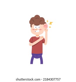 otalgia, Inflammation of the middle and outer ear, ringing in the ears, Mastoiditis, eardrum problems. the expression of a boy who endured the pain because his ear was swollen. health problems.